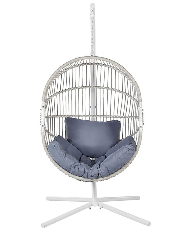 Hængestol Hvid Rattan Metal Stel Indendørs-Udendørs Æggeform Boho Stil