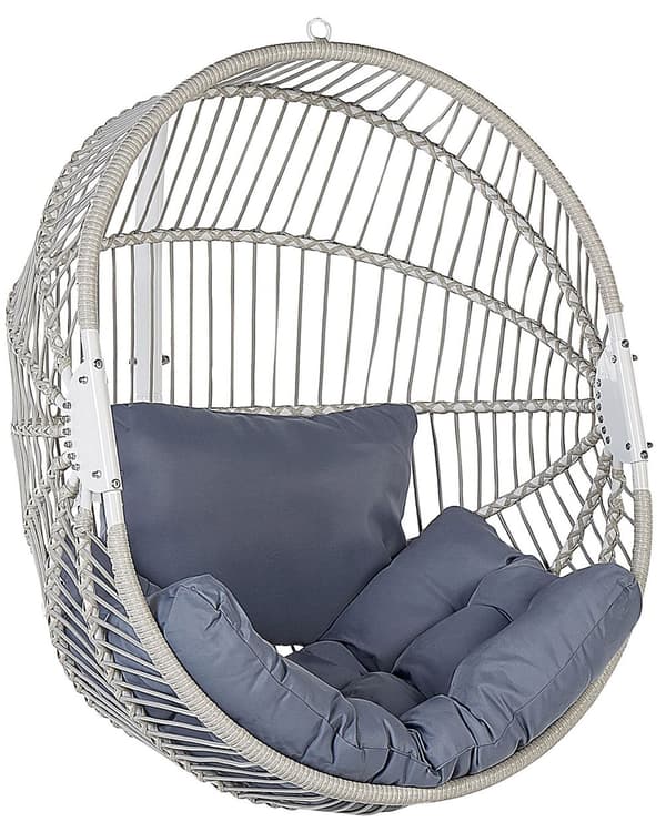 Hængestol Hvid Rattan Metal Stel Indendørs-Udendørs Æggeform Boho Stil