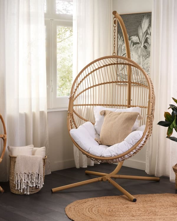 Hængestol Beige Rattan Metalramme Indendørs-Udendørs Æggeform Boho Stil