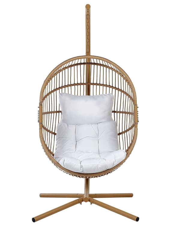 Hængestol Beige Rattan Metalramme Indendørs-Udendørs Æggeform Boho Stil