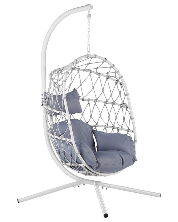 Hængestol Hvidt Reb Metal Stand Blød Siddepude Boho Rustik Stue Terrasse
