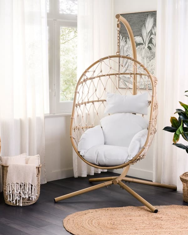 Hengestol Beige 108 x 190 x 100 cm Tau Metallstativ Myke sitteputer Boho Rustikk Stue Balkong Terrasse