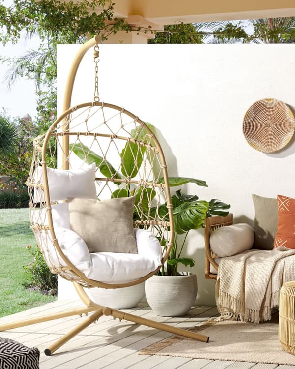 Hengestol Beige 108 x 190 x 100 cm Tau Metallstativ Myke sitteputer Boho Rustikk Stue Balkong Terrasse