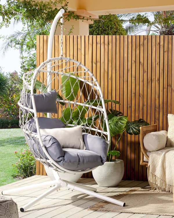 Hengestol Hvit 108 x 190 x 100 cm Tau Metallstativ Myke sitteputer Boho Rustikk Stue Balkong Terrasse