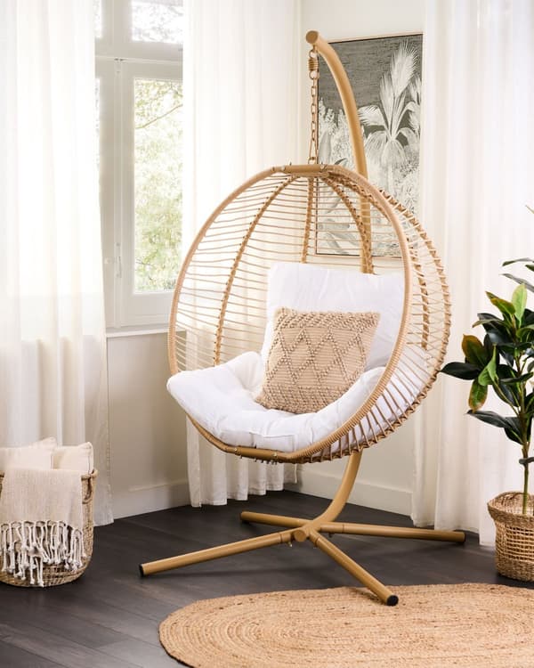Hængestol Beige Reb Metal Stand Blød Siddepude Boho Rustik Stue Terrasse