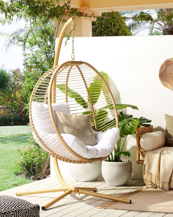 Hængestol Beige Reb Metal Stand Blød Siddepude Boho Rustik Stue Terrasse