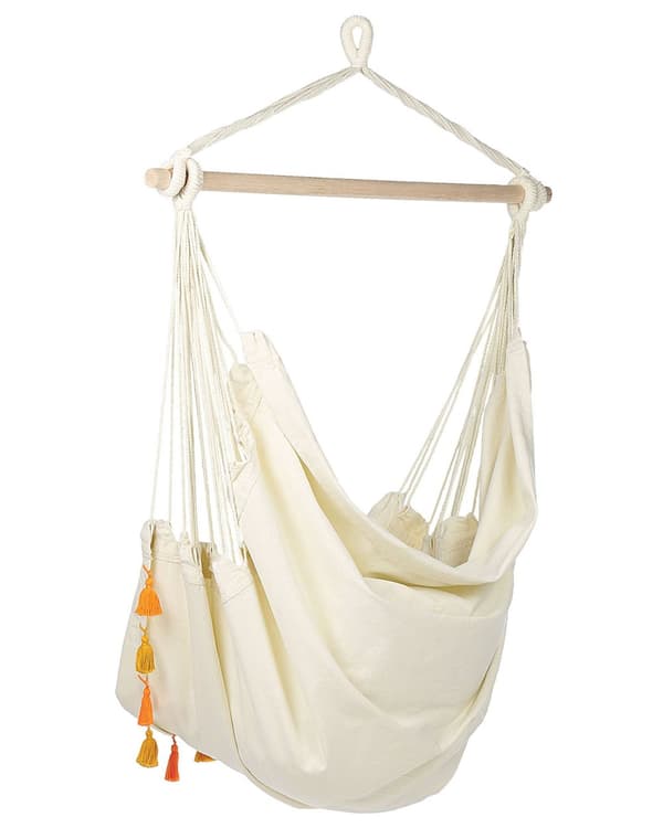 Riipputuoli beige 120 x 150 cm puuvilla polyesteri pyökki tupsut säilytyspussi boho rustiikkinen