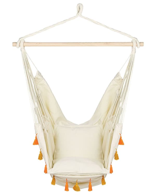 Hængestol Beige Orange Bomuld 125 cm Hængekøjestol med Pom Poms Hængekøje Stol uden Stativ til Haven