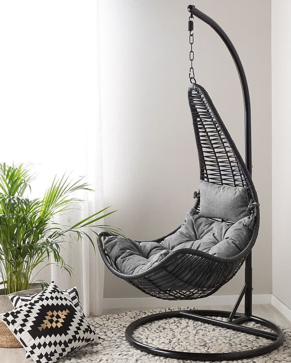 Hængestol sort PE rattan gynge ægform Loftmonteret flet Rustik Boho