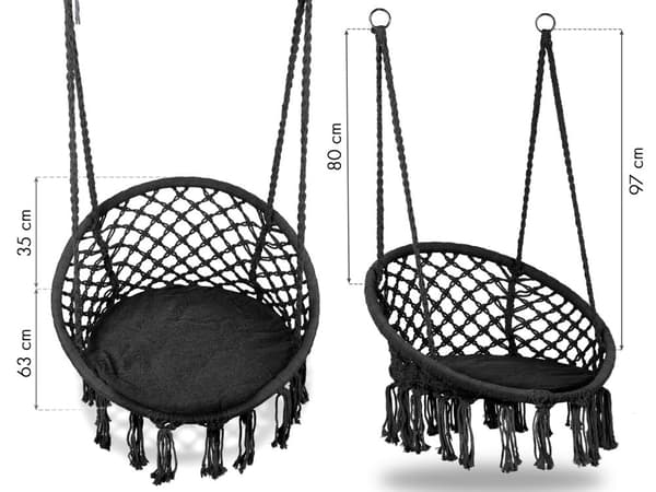 Hængekøjestol - 35x80x63 cm - med hynde - sort - bomuld