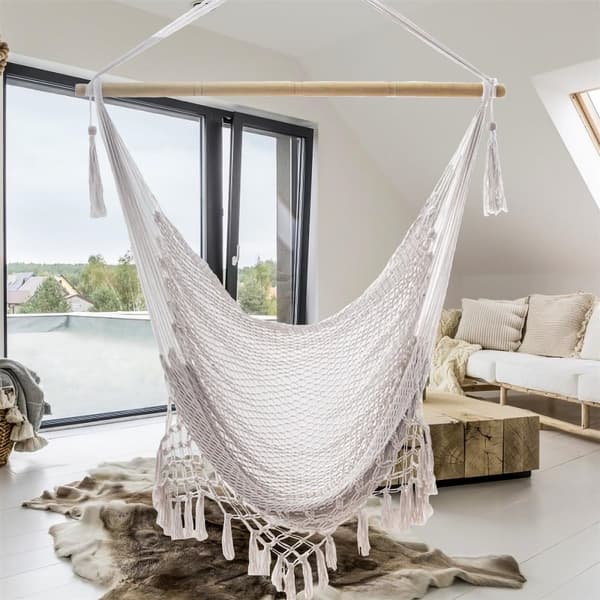 Hängstol Macramee bomull i beige med fransad kant - bekväma, platsbesparande och ventilerande sittplatser för vuxna och barn inom- och utomhus