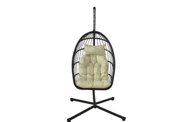 Sort Foldbar Hængeægstol med Beige Puder - Moderne Komfort Inde/Ude