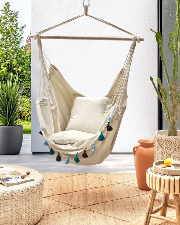 Hengekøyestol i Beige med Blått Svingesete i Bomull og Polyester Innendørs Utendørs Boho Style