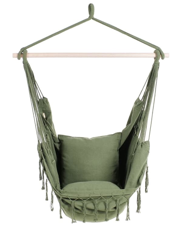 Hængekøjestol Grøn Bomuld Udendørs Hængegyngestol med Ryglæn Hængestol med Ophæng Kraftig Gynge Hammock