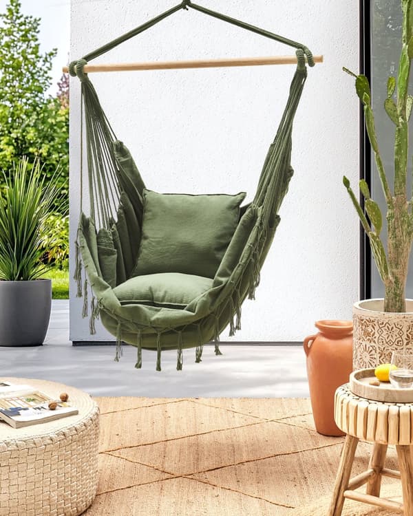 Hængekøjestol Grøn Bomuld Udendørs Hængegyngestol med Ryglæn Hængestol med Ophæng Kraftig Gynge Hammock