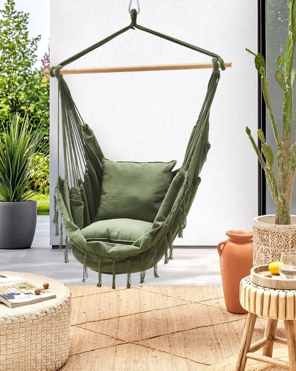 Hængekøjestol Grøn Bomuld Udendørs Hængegyngestol med Ryglæn Hængestol med Ophæng Kraftig Gynge Hammock