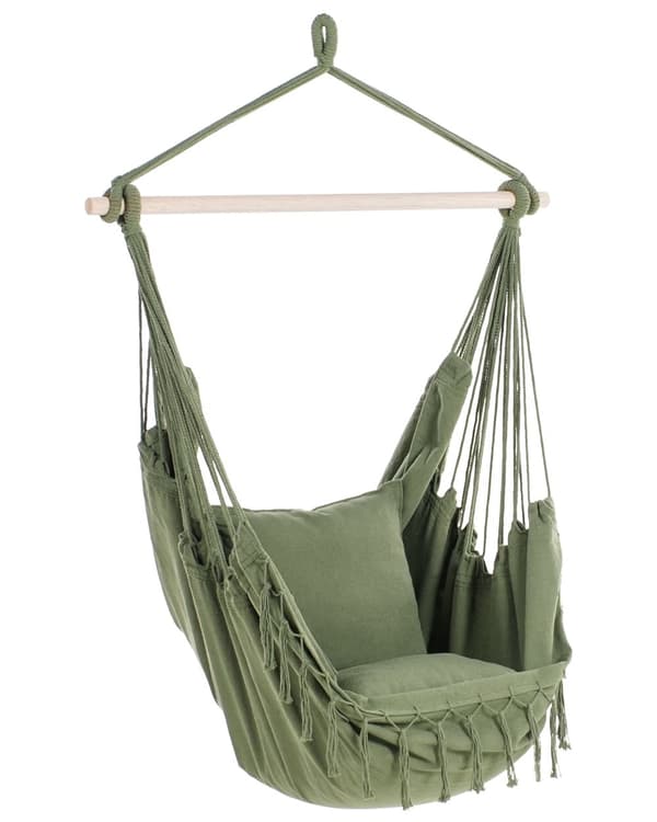 Hængekøjestol Grøn Bomuld Udendørs Hængegyngestol med Ryglæn Hængestol med Ophæng Kraftig Gynge Hammock
