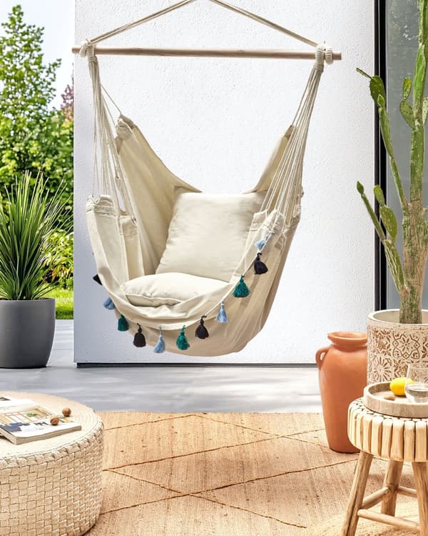 Hængekøjestol Blå Bomuld Udendørs Hængegyngestol med Ryglæn Hængestol med Ophæng Kraftig Gynge Hammock