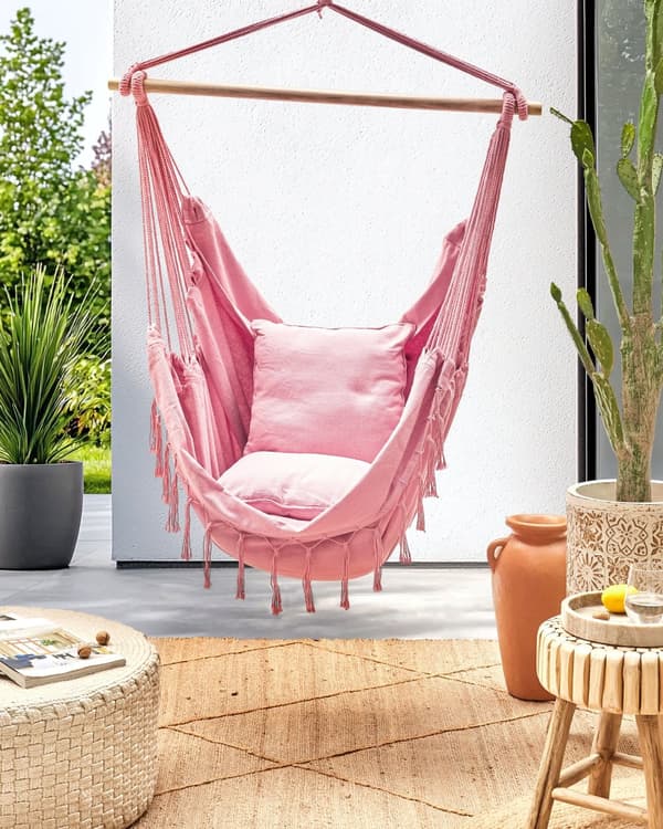 Hængekøjestol Lyserød Bomuld Udendørs Hængegyngestol med Ryglæn Hængestol med Ophæng Kraftig Gynge Hammock