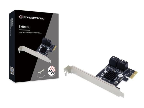 Conceptronic EMRICK 4-porttinen SATA PCIe -sovitin SATA-kaapelilla - PCIe - SATA - Musta - Kiina - 6 Gbit/s - Windows 10,Windows 10 Education,Windows