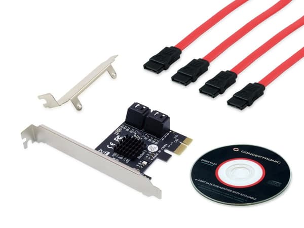 Conceptronic EMRICK 4-porttinen SATA PCIe -sovitin SATA-kaapelilla - PCIe - SATA - Musta - Kiina - 6 Gbit/s - Windows 10,Windows 10 Education,Windows