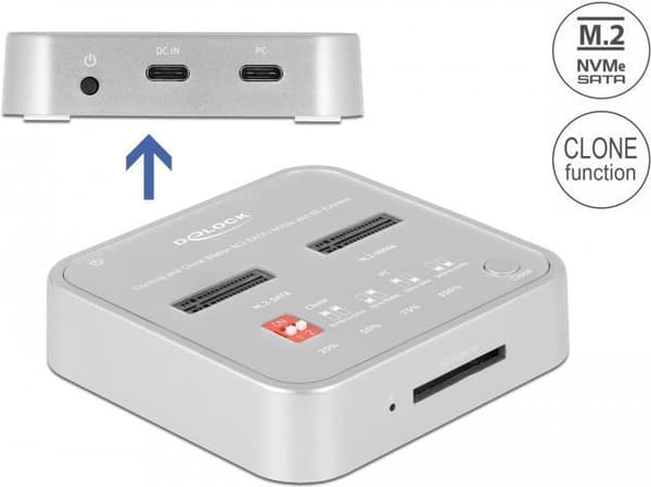 Delock - SSD-dockingstationspladser: 2 - M.2 - M.2 NVMe-kort - 10 GBps - USB 3.2 (Gen 2) - sølv (64138)