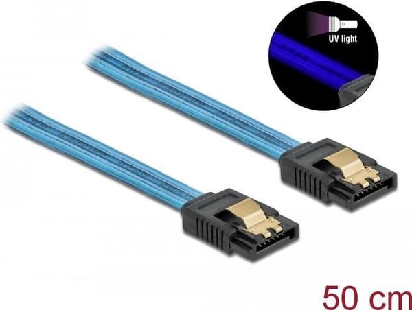 DeLOCK SATA 6 Gb/s Kabel UV-glödeffekt - SATA-kabel - Serial ATA 150/300/600 - SATA till SATA - 50 cm - Blå (82130)