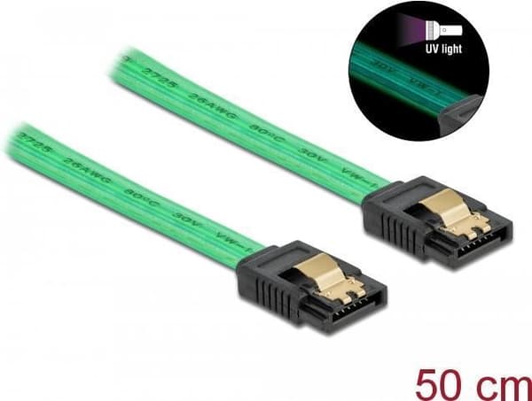 DeLOCK SATA 6 Gb/s Kabel UV-glödeffekt - SATA-kabel - Serial ATA 150/300/600 - SATA till SATA - 50cm - grön (82069)