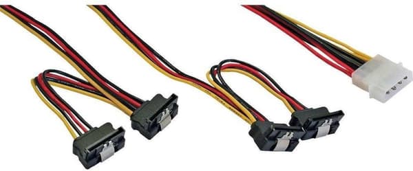 Molex (m) - 4x SATA (v) kulmassa metallipuristinjakajalla - 0,50 metriä