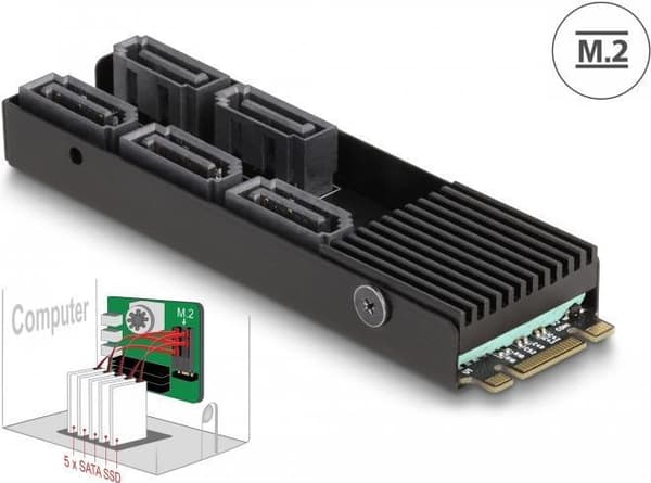 Delock Converter M.2 2280 Key B+M han til 5 x SATA med køleplade (64051) Sort