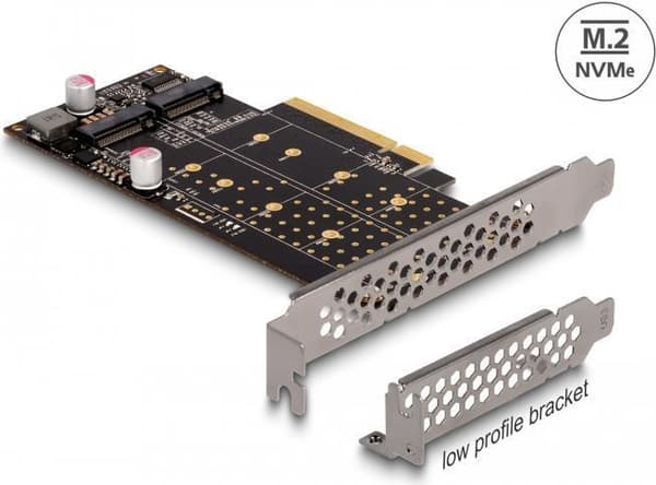Delock PCI Express x8-kort till 2 x intern NVMe M.2 Key M - Bifurcation - Low Profile form factor (89837)