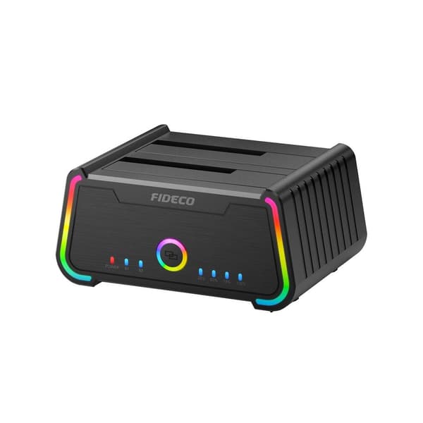 Fideco Dokkingstasjon med Klonefunksjon – USB 3.0, LED-display, RGB og 5 Gbps