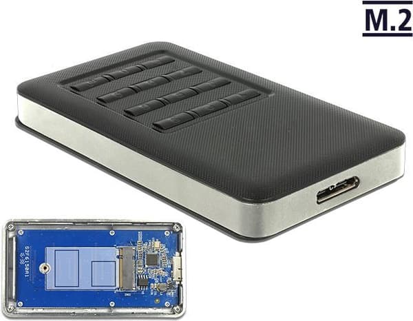 DELOCK Externt hölje M.2 Key B 42 mm SSD USB 3.0 Typ Micro-B hona med låsfunktion Svart, Silver