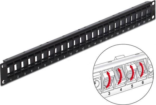 19'' Patch Panel 1U med roterbare porte til 24 Keystone-moduler / sort Sort