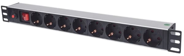 Intellinet 48,30 cm (19") 8-vejs strømskinne, jordkontakt, afbryder, strømafbryder, 3 m strømkabel, 1 U - forlængerledning (rack - monteres) - AC 250