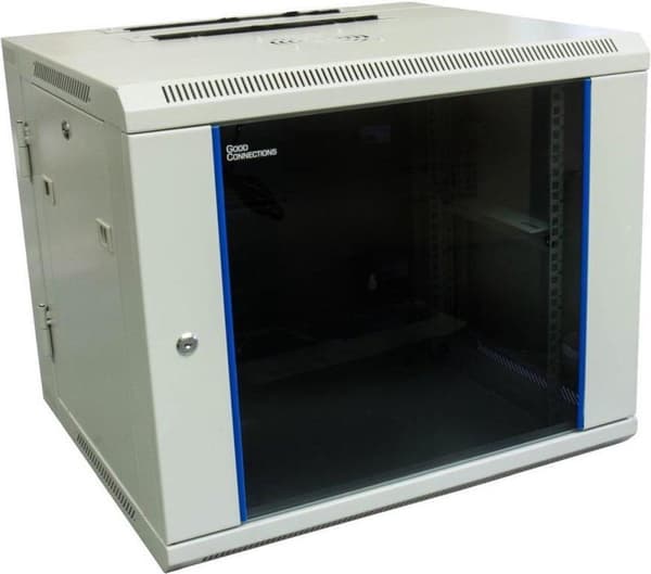 19" væghus, 9U, lysegrå (RAL7035) drejelig bagside, 600 x 550 mm, færdigmonteret, med blæser, Good Connections® (GC-R0010)