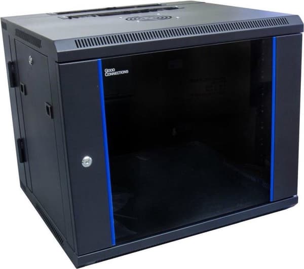 19" væghus, 9U, kulsort (RAL9005) drejelig bag, 600 x 550 mm, færdigmonteret, med blæser, Good Connections® (GC-R0013)