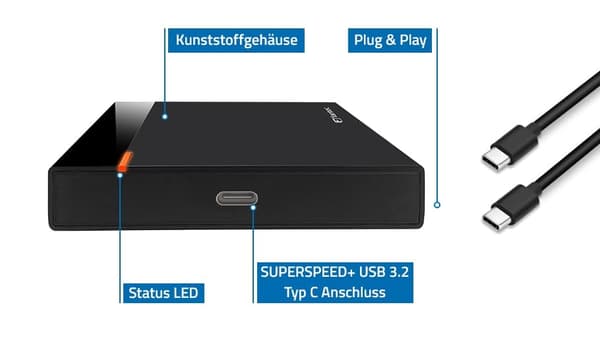 FANTEC PL-25U31 svart 2,5" SATA SSD-hölje USB-C USB 3.1 10G-teknik (2579)