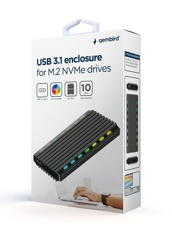 Gembird EE2280-U3C-03 USB 3.1-kabinett för M.2 NVMe-enheter, RGB, aluminium