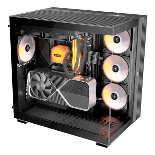 Modern design med RGB-belysning, glaspaneler, ATX-kompatibel, medium tornformat.