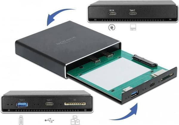 DeLOCK ulkoinen kotelo 2,5 tuuman SATA HDD / SSD:lle, jossa on lisäksi USB Type-C ja Type-A -portti ja SD-paikka - tallennuskotelo - 2,5" (6,4 cm) - S