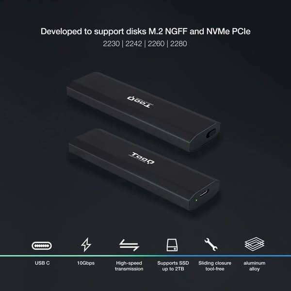 Fodral - station för PC-komponent Tooq - TQE-2223B - Extern M.2 NGFF/NVMe USB3.1 GEN2 VÄSKOR Svart