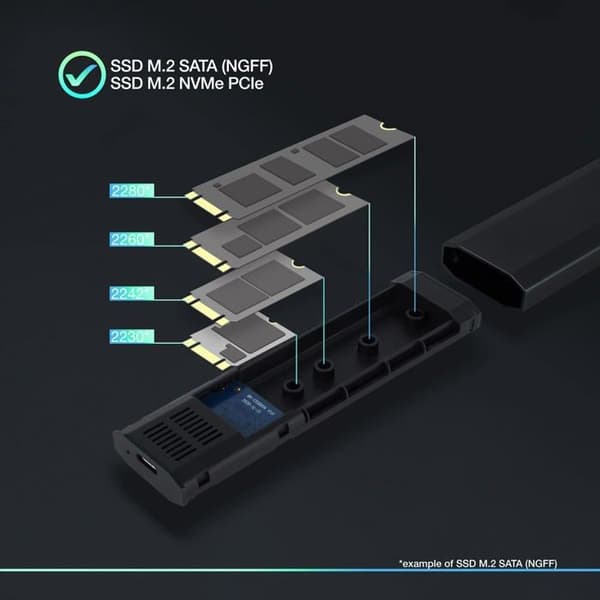 Fodral - station för PC-komponent Tooq - TQE-2223B - Extern M.2 NGFF/NVMe USB3.1 GEN2 VÄSKOR Svart