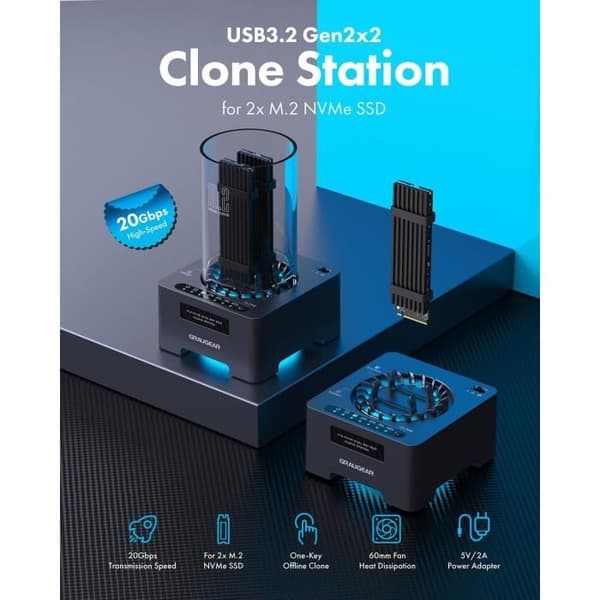 SSD-kloningsstation - M.2 NVMe - USB3.2 Gen2x2 - 20 Gbps - Aktiv kylning - Enkel kloning