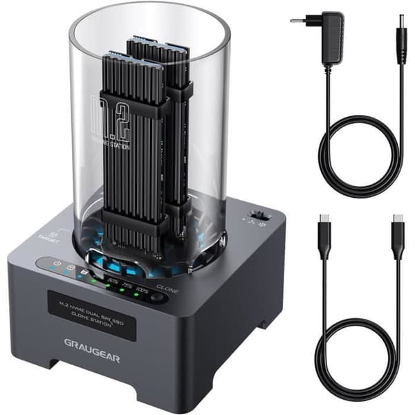SSD-kloningsstation - M.2 NVMe - USB3.2 Gen2x2 - 20 Gbps - Aktiv kylning - Enkel kloning