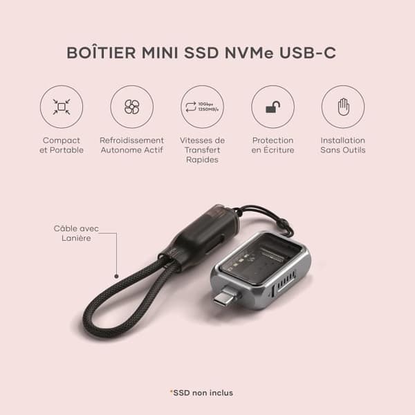 Satechi Mini SSD-hölje M.2 NVMe, med överföringshastighet på 10 Gbit/s, lagring upp till 2 to, aktiv automatisk kylning.
