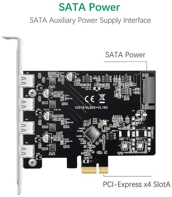 Maiwo KC019 PCI Express X1-kort til 4 Ekstern USB 3.1 5Gbps Type C