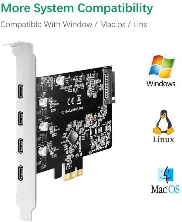 Maiwo KC019 PCI Express X1-kort til 4 Ekstern USB 3.1 5Gbps Type C