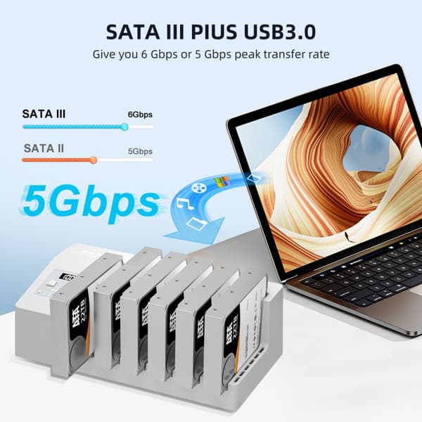 MAIWO 6x HDD:n kloonaus ja telakointiasema, 2,5"/3,5" SATA HDD, USB-C 3.0 5Gbps