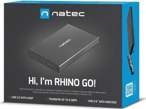 NATEC RHINO GO-kabinett USB 3.0 för 2,5'' SATA HDD/SSD, svart aluminium